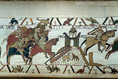 De verovering van Bretagne door de hertog van Normandië Willem de Veroveraar: de inname van Rennes (detail van het tapijt van Bayeux) door Unknown artist