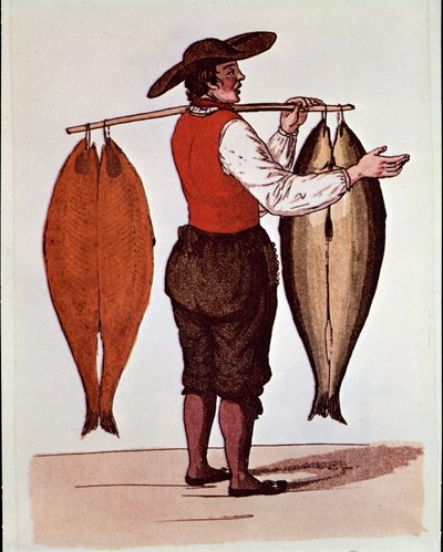 De kreten van Parijs: een wandelende zalmhandelaar rookt Elbe. Anonieme 19e-eeuwse prent. Privécollectie door Unknown artist