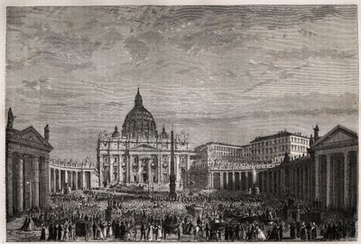 De menigte stroomde naar het Sint-Pietersplein in het Vaticaan om de grote zegen van Pasen te ontvangen door paus Pius IX (1792-1878). Gravure ter illustratie van het verhaal van de Heilige Week in Rome, in 1863, door Ludovic Celler, in 
