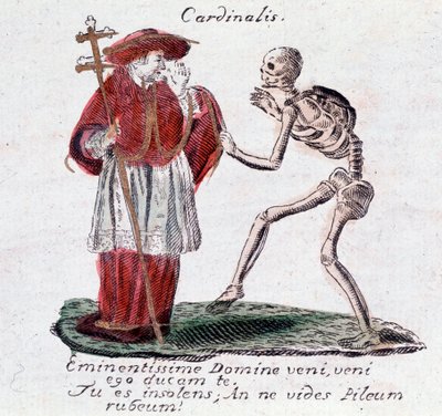 De dans van de dood, de kardinaal en een skelet (Prent) door Unknown artist