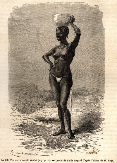 De dochter van een marabout uit Oualet (Mauritanië), met een schaal op haar hoofd om zwarte zeep te maken. Gravure ter illustratie van de reis naar West-Soedan van luitenant (marine) M. Mage, in 1863-1866, gepubliceerd in 