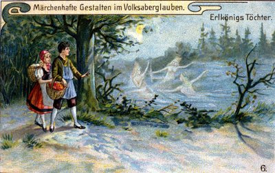 De dochters van de elfenkoning. Wonderbaarlijk personage uit de Duitse mythologie. Chromolithografie uit de 19e eeuw door Unknown artist