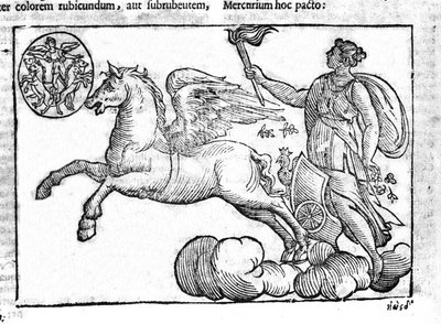 De dageraad (de wagen van de zon). Allegorie van de zonsopgang met de personages uit de Griekse en Romeinse mythologie in de lucht. Gravure uit 