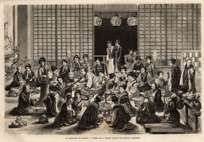 De eetkamer van het Yokohama Theater is permanent gevuld, zelfs tijdens de voorstelling. Gravure ter illustratie van de reis naar Japan, door Aime Humbert, minister van de Zwitserse Confederatie, in 1863-1864, gepubliceerd in 