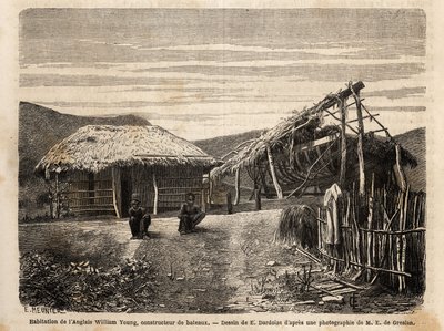 De woning en scheepswerf van een Engelse bouwer nabij Noumea, die inheemse arbeid gebruikt of hen veroordeelt tot het einde van hun zware werk. Gravure ter illustratie van de reis naar Nieuw-Caledonië, door Jules Garnier, civiel ingenieur van mijnen, in 18 door Unknown artist