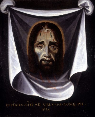 De beeltenis van Christus geschilderd van het doek bewaard in de kerk van St. Sylvestre in Rome door Unknown artist
