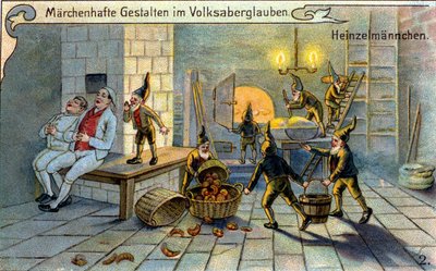 De elfen, wonderlijke personages uit de volksverhalen: ze bereiden brood terwijl de bakkers slapen. Chromolithografie uit de 19e eeuw. door Unknown artist