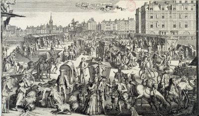 De drukte op de Pont Neuf in Parijs. Illustratie van verkeer en verkeersopstoppingen in de straten van Parijs in de 18e eeuw. Gravure uit 1710. Parijs, Musée Carnavalet door Unknown artist