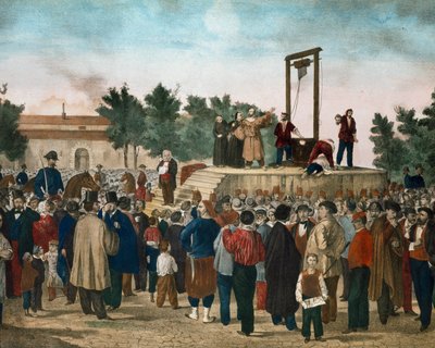 De executie op 13/03/1858 van Felice Orsini (1819 - 1858) en Pieri die de aanslag van 14 januari 1858 tegen Napoleon III uitvoerden op Place de la Roquette in Parijs Lithografie van het einde van de 19e eeuw. Milaan privécollectie door Unknown artist