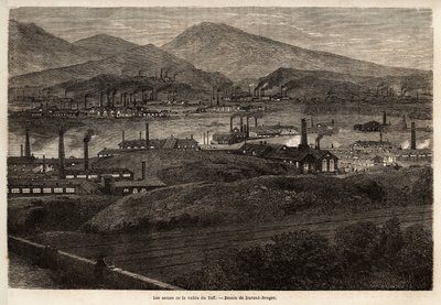 De fabrieken van de Taff-vallei. Tekening door Durand Brager, ter illustratie van een bezoek aan de grote fabrieken in Wales in 1862, door L.Simonin. Gravure in 