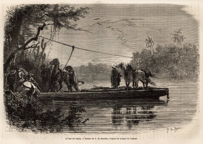 De veerboot om de Cauca-rivier over te steken. Gravure ter illustratie van de reis naar Nieuw-Granada, door Dr. Saffray, 1869, gepubliceerd in 