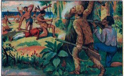 Het gevecht met de wilden. Illustratie voor het boek van Daniel Defoe “Robinson Crusoe”. Chromolithografie van de late 19e eeuw door Unknown artist