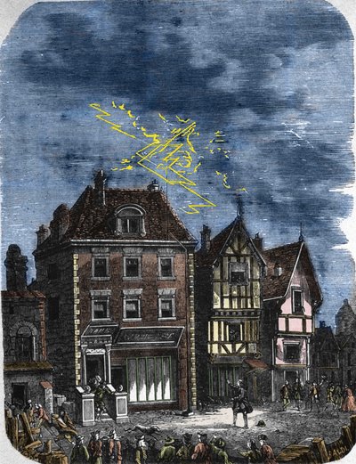 De eerste bliksemafleider geïnstalleerd door Benjamin Franklin op een huis in Philadelphia (VS). 1760. door Unknown artist