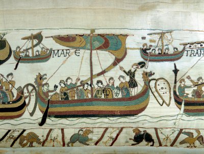 De vloot van Willem I de Veroveraar (1027-1087) steekt het Kanaal over naar Engeland. Tapijt van Bayeux of Borduurwerk door koningin Mathilde door Unknown artist