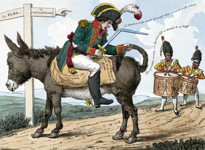 De reis van een moderne held naar het eiland Elba. Deze cartoon toont Napoleon Bonaparte zittend op een ezel op de weg van Fontainebleau naar het eiland Elba; hij houdt een gebroken zwaard in één hand. door Unknown artist