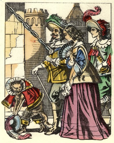 De koning, de prinses en de Markies van Carabas arriveren bij het kasteel van de reus, voorafgegaan door de gelaarsde kat. Illustratie van het sprookje 