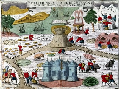 Het land van cocagne (cuccagna): een denkbeeldig land waar men zonder werk en zonder zorgen zou leven, in overvloed en vreugde: boom die vers fruit produceert, zilveren rivier, gouden bergen, gevangenissen voor arbeiders, regen van gekookte kippen, kanonne door Unknown artist