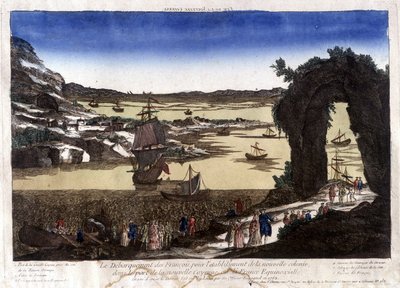 De landing van de Fransen voor de oprichting van de nieuwe kolonie in de haven van Nouvelle Cayenne (of Frankrijk Equinoxiale) door Unknown artist