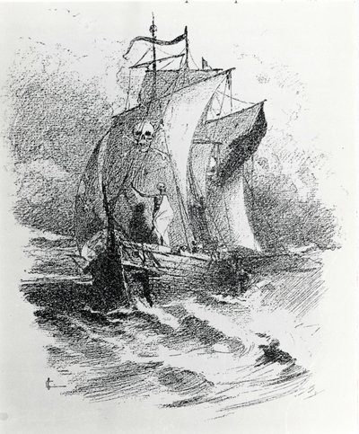 De legende van het Spookschip of de Vliegende Hollander: een Nederlandse commandant die het lot wilde tarten zou veroordeeld zijn om voor altijd op zijn schip rond te dwalen en ongeluk te brengen aan de schepen die zijn pad kruisen. Gravure uit de 19e eeuw door Unknown artist