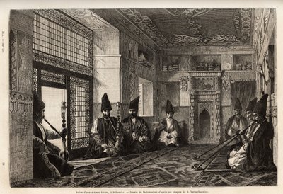 De woonkamer van een rijk Tataars huis in Schusha (Transkaukasië, Rusland), waar mannen samenkomen, zittend op tapijten om de pijp te roken en te kletsen. Gravure ter illustratie van de reis in de provincies van de Kaukasus, door Basile Vereschaguine, in 1 door Unknown artist