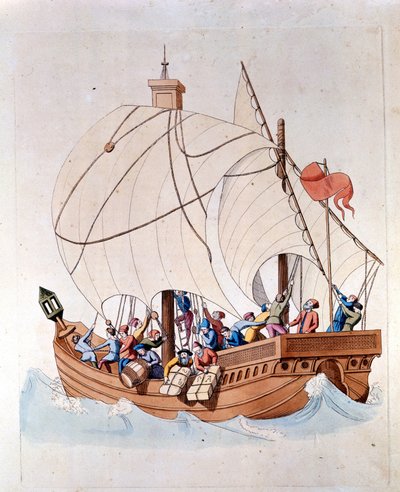 Het laden van een 13e-eeuwse karveel op zee door Unknown artist