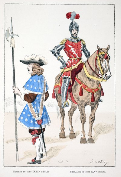 De uitkijksergeant in de 17e eeuw en de ridder in de 15e eeuw. Kleurenets, voor illustratie 