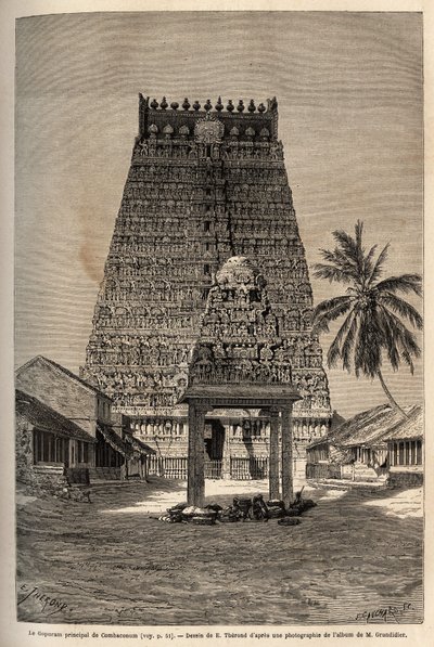 De hoofdgopuram van de tempel van Rama in Combaronum, bestaande uit 11 verdiepingen en bekroond door 11 ballen, de verschillende zijden van deze piramidale toren zijn volledig bedekt met beelden. Gravure ter illustratie van de reis naar de zuidelijke provi door Unknown artist