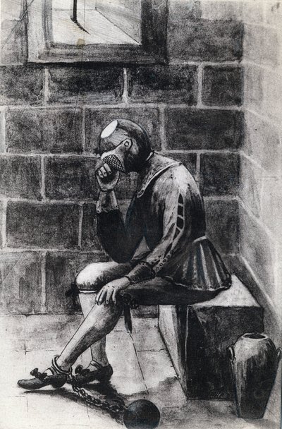 De man met het ijzeren masker, staatsgevangene geïnterneerd in de gevangenis van het Heilige Eiland Margarita. door Unknown artist