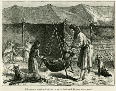 De melkproductie door de vrouwen van herders in de Karoun-regio. Gravure ter illustratie van het verhaal 
