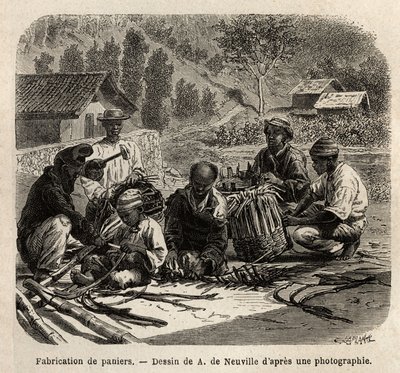 De vervaardiging van palmbladeren manden, voor de verzameling van koffie. Gravure ter illustratie van de reis naar Brazilië, verhaal door M. en Mme Agassiz, in 1865-1866, gepubliceerd in 