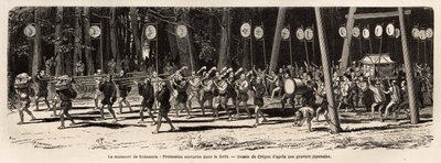 De matsouri (kermis, processie) van Roksamia, Kami-tempel in de buurt van Yedo (of Edo, het huidige Tokio), op de 5e dag van de 5e maand van het jaar, de menigte verzamelt zich om geneeskrachtige kruiden te verzamelen in het bos en 