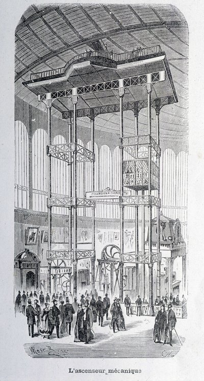 De mechanische lift van ingenieur Edoux op de wereldtentoonstelling van 1867 - gravure door Unknown artist