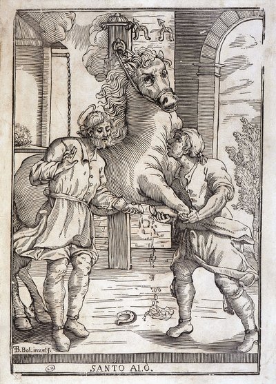 Het wonder van Sint Eloi (genezing van een geamputeerd paard) - gravure door Unknown artist