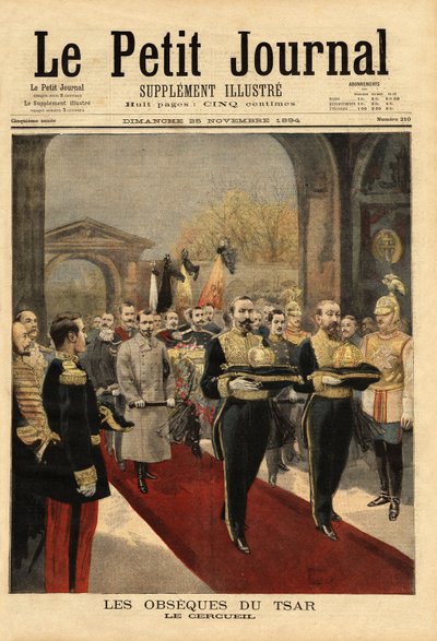 De begrafenis van Tsaar Alexander III (1815-1894), in de Kathedraal van St. Peter en St. Paul, necropolis van de Romanov, in het centrum van de vesting van St. Petersburg. Gravure in 