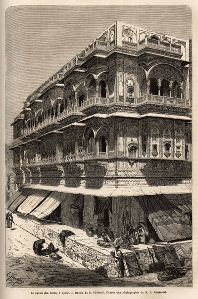 Het paleis van de seth: op de begane grond, een bazaar; op de verdiepingen, appartementen, waar de auteur verblijft tijdens zijn bezoek aan Ajmir. Gravure ter illustratie van 