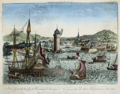 De haven van Havana en de omliggende scheepvaart - gravure door Unknown artist