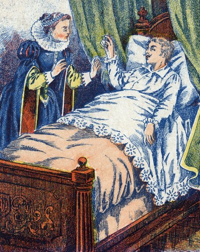 De prins toont de ring aan zijn moeder. Anonieme illustratie voor "Ezelsvel" sprookje door Charles Perrault (1628-1703), Franse schrijver. Beeld Marcel Vagne, Jarville Nancy, ongedateerd (eind 19e eeuw). door Unknown artist