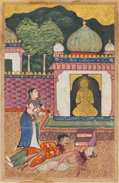 De prinses ontdekt de dode lichamen, met afgehakte hoofden, van haar man en zijn Brahmaanse vriend, uit een Tuti-nama (Verhalen van een Papegaai): Vierendertigste Nacht door Unknown artist