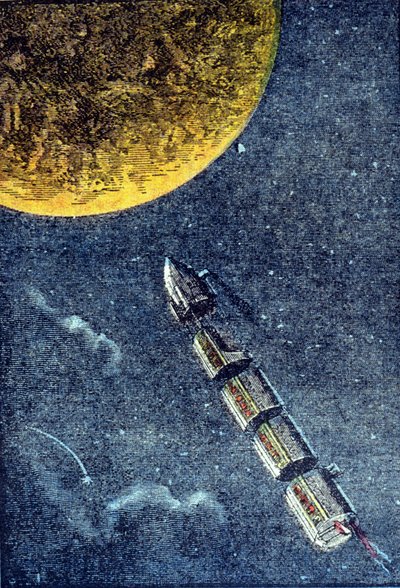 De raket gelanceerd in de ruimte die aankomt op de maan - gravure in “Van de aarde naar de maan” door Jules Verne door Unknown artist