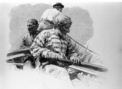De roeiers op een boot op de Anapo-rivier in Sicilië. door Unknown artist