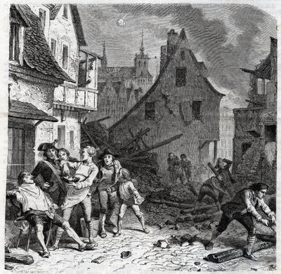 De scheerkom van Lille. Een episode uit het Beleg van Lille in 1792 tijdens de Franse Revolutionaire Oorlogen - Le siège de Lille en octobre 1792 - Révolution française - Bombardement door Oostenrijkers en Pruisen - Barbier gebruikt een halve bom als schee door Unknown artist