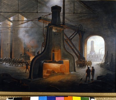 De stoomhamer, uitgevonden door J. Nasmyth, in actie gebruikt in metallurgische fabrieken in Manchester. door Unknown artist