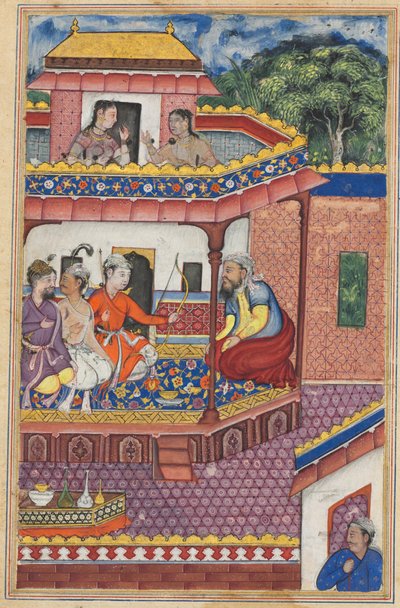 De drie jonge mannen presenteren zich als huwelijkskandidaten voor de hand van Zuhra, de dochter van de koopman van Kabul, uit een Tuti-nama (Verhalen van een Papegaai): Vierendertigste Nacht door Unknown artist
