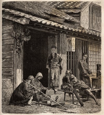De drempel van een dorpsherberg in Japan, de gastvrouwen dienen als gastheer voor hun vaste gasten. Gravure ter illustratie van de reis naar Japan in 1863-1864, door Aime Humbert, minister van de Zwitserse Confederatie, in 