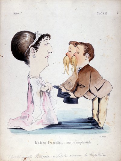 De tweelingbroers Pelliccia ontvingen Erminia Frezzolini, de Italiaanse sopraan (1818-1884). Cartoon uit de 19e eeuw. door Unknown artist