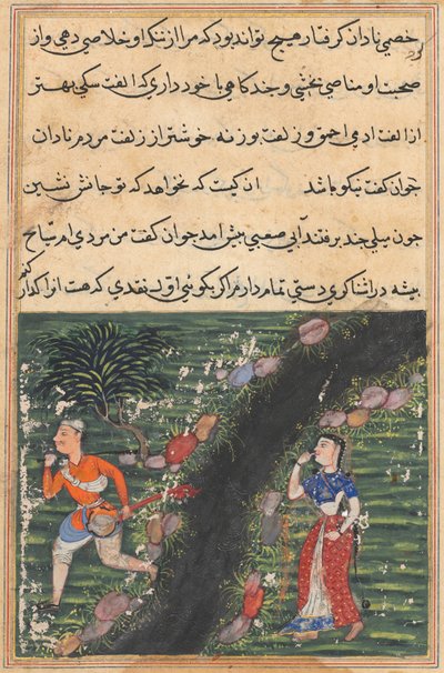 De zwerver steekt een stroom over met de bezittingen van de schoondochter van de koning van Banaras en gaat ervandoor, uit een Tuti-nama (Verhalen van een Papegaai): Zestiende Nacht door Unknown artist
