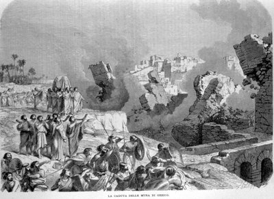 De muren van Jericho stortten in door het geluid van de trompetten van Hosea, waardoor de Hebreeën ze konden veroveren. Boek van Jozua. Gravure uit de 19e eeuw. door Unknown artist