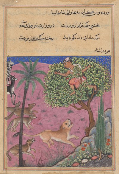 De wolf en de jakhals, dienend als viziers, zetten de leeuw aan die de Brahmaan een boom in jaagt, uit een Tuti-nama (Verhalen van een Papegaai): Eenentwintigste Nacht door Unknown artist