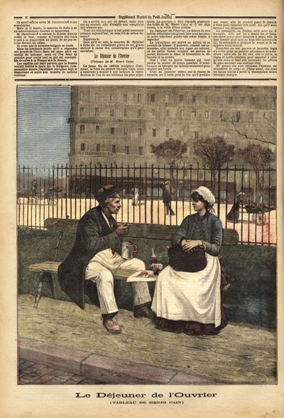 De lunch van de arbeiders, reproductie van het schilderij door Henri Cain (1859-1930), schilder en toneelschrijver. Gravure in 