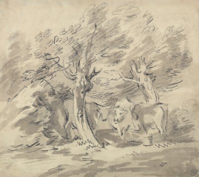 Drie koeien onder een groep bomen door Unknown artist